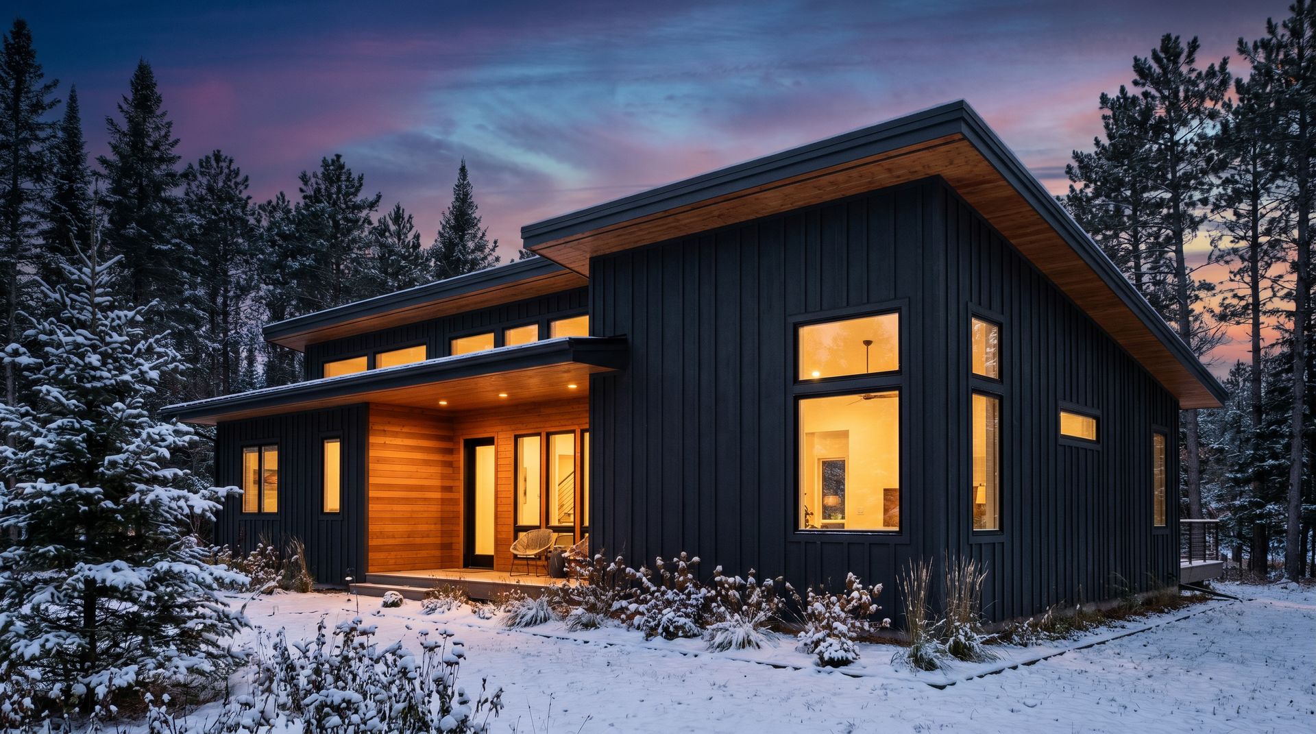 Custom home at twilight in Duluth, MN with warm interior lighting against snow